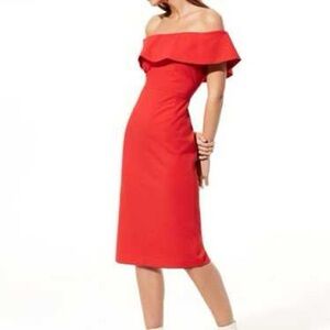 Babaton Aritzia Red Orange Off-Shoulder Midi Bodycon Dress – Size 10